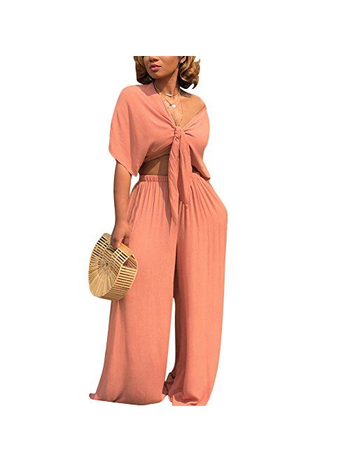 Aro Lora Women's 2 Piece Jumpsuit Ruched Sleeveless Crop Top Ruffle Wide Leg Pant Set Romper Outfit