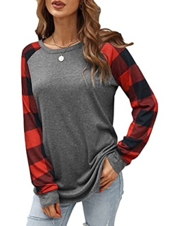 Aifer Womens Buffalo Plaid Shirts Round Neck Pattern Raglan Pullover Casual Long Sleeve Tops