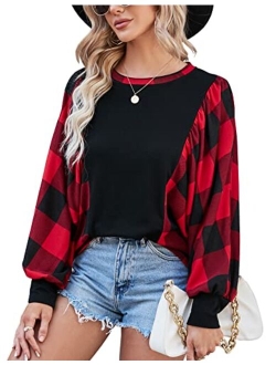 Aifer Womens Buffalo Plaid Shirts Round Neck Pattern Raglan Pullover Casual Long Sleeve Tops