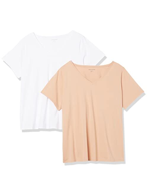 Amazon Essentials Women's Classic-Fit 100% Cotton Short-Sleeve V-Neck T-Shirt (Available in Plus Size), Pack of 2