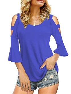 Florboom Womens Cold Shoulder Top Basic T Shirts 3/4 Sleeve Casual Blouse Tshirts