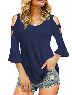 Florboom Womens Cold Shoulder Top Basic T Shirts 3/4 Sleeve Casual Blouse Tshirts