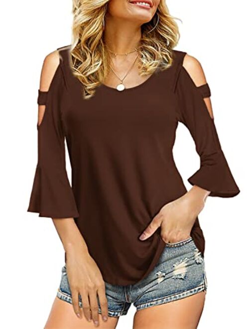 Florboom Womens Cold Shoulder Top Basic T Shirts 3/4 Sleeve Casual Blouse Tshirts