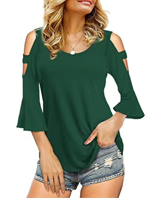 Florboom Womens Cold Shoulder Top Basic T Shirts 3/4 Sleeve Casual Blouse Tshirts