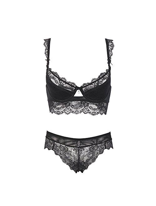 Women Push Up Embroidery Bras Set Lace Lingerie Bra and Panties and Socks 4  Piece