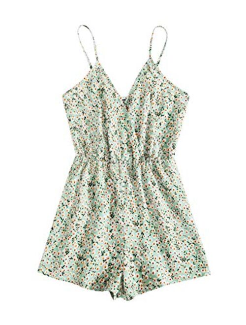 MAKEMECHIC Women's V Neck Sleeveless Floral Print Twist Knot Back Cami Romper