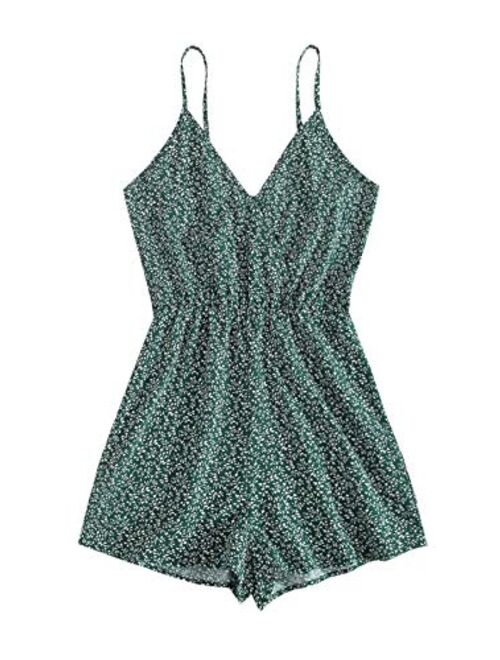 MAKEMECHIC Women's V Neck Sleeveless Floral Print Twist Knot Back Cami Romper