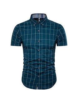 MUSE FATH Mens Cotton Short Sleeve Shirt-Casual Short Sleeve Plaid Shirt