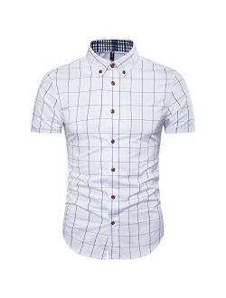 MUSE FATH Mens Cotton Short Sleeve Shirt-Casual Short Sleeve Plaid Shirt