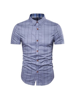 MUSE FATH Mens Cotton Short Sleeve Shirt-Casual Short Sleeve Plaid Shirt