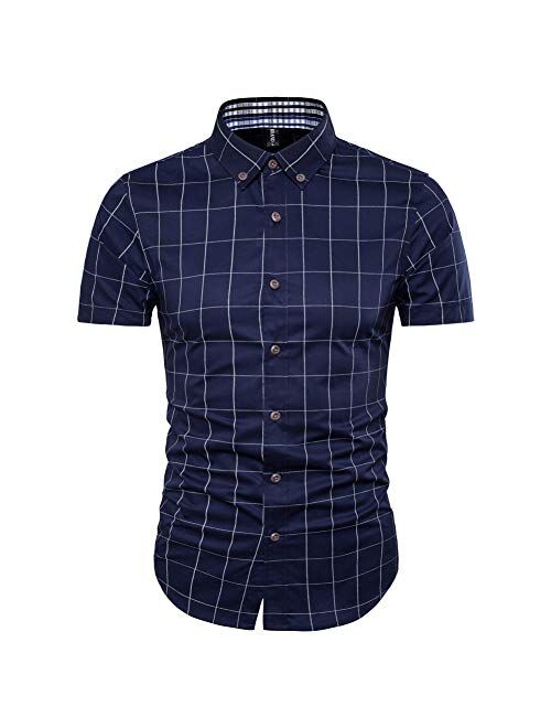 MUSE FATH Mens Cotton Short Sleeve Shirt-Casual Short Sleeve Plaid Shirt