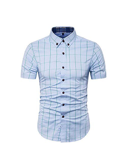 MUSE FATH Mens Cotton Short Sleeve Shirt-Casual Short Sleeve Plaid Shirt