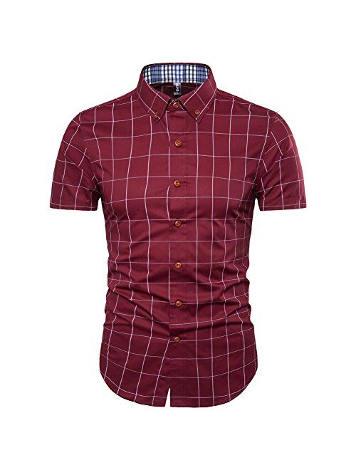 MUSE FATH Mens Cotton Short Sleeve Shirt-Casual Short Sleeve Plaid Shirt