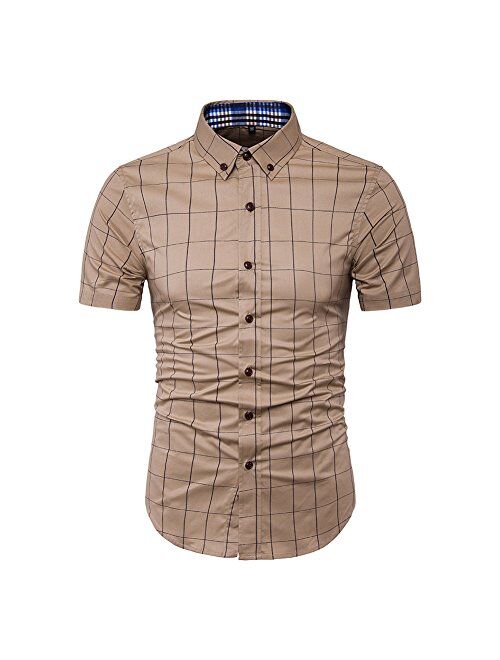 MUSE FATH Mens Cotton Short Sleeve Shirt-Casual Short Sleeve Plaid Shirt