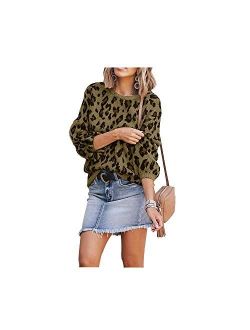 Hirate Women Knit Sweater Puff Long Sleeve Sweater Crewneck Cardigan Loose fit Pullover Leopard Sweater