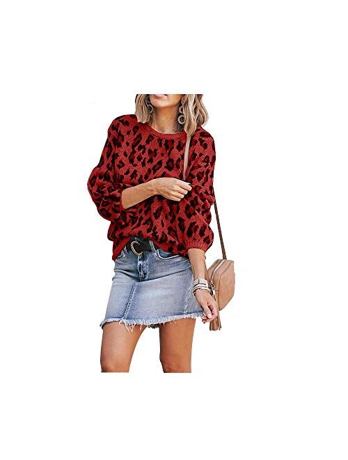 Hirate Women Knit Sweater Puff Long Sleeve Sweater Crewneck Cardigan Loose fit Pullover Leopard Sweater