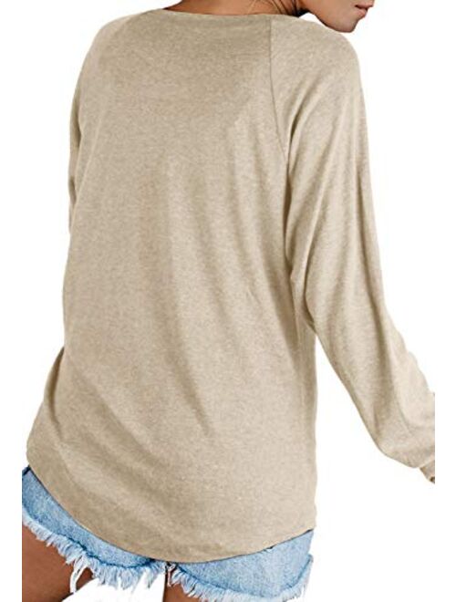 SAMPEEL Women's V Neck T Shirt with Suede Pocket Long Sleeve Fall Winter S-XXL