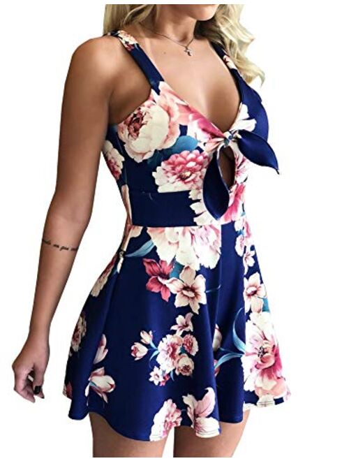 Relipop Women's Jumpsuits Floral Print Spaghetti Straps Sleeveless V Neck Front Tie Knot Rompers