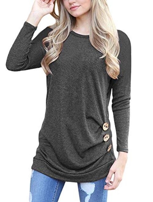 Muhadrs Womens Long Sleeve Casual Round Neck Loose Tunic Top Blouse T-Shirt