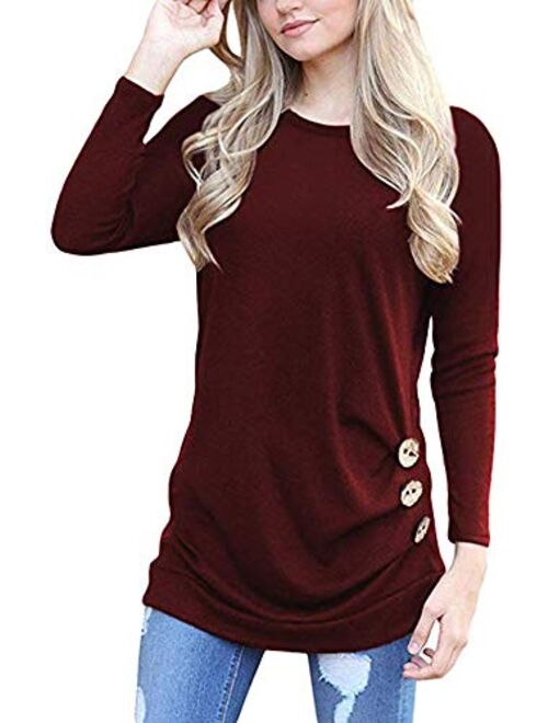 Muhadrs Womens Long Sleeve Casual Round Neck Loose Tunic Top Blouse T-Shirt