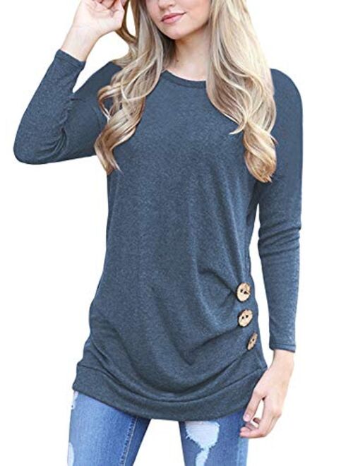 Muhadrs Womens Long Sleeve Casual Round Neck Loose Tunic Top Blouse T-Shirt