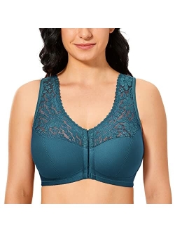 Women's Full Coverage Wirefree Lace Plus Size Front Closure Bra Racerback