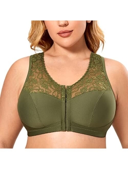 Women's Full Coverage Wirefree Lace Plus Size Front Closure Bra Racerback