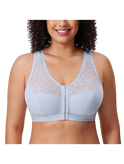 DELIMIRA Women's Full Coverage Wirefree Lace Plus Size Front Closure Bra Racerback