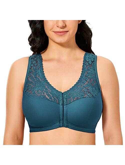 DELIMIRA Women's Full Coverage Wirefree Lace Plus Size Front Closure Bra Racerback