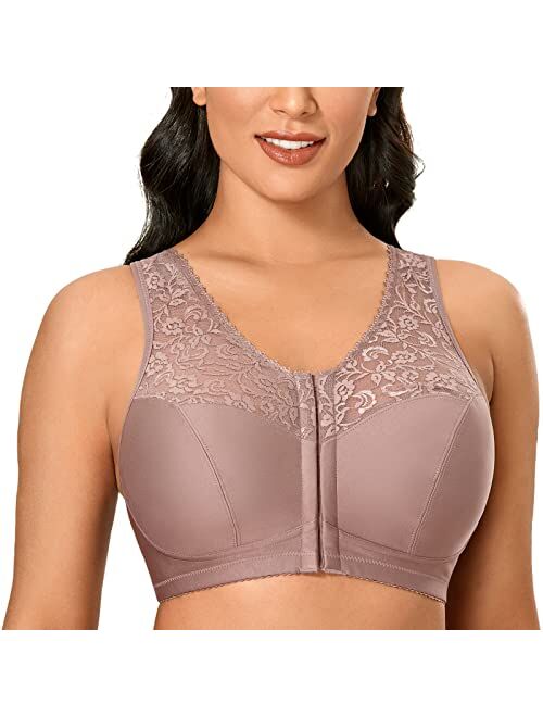 DELIMIRA Women's Full Coverage Wirefree Lace Plus Size Front Closure Bra Racerback