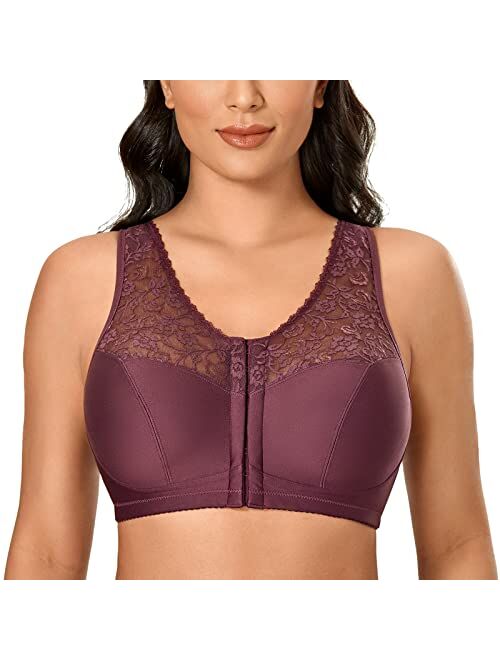 DELIMIRA Women's Full Coverage Wirefree Lace Plus Size Front Closure Bra Racerback