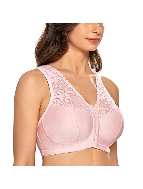 DELIMIRA Women's Full Coverage Wirefree Lace Plus Size Front Closure Bra Racerback