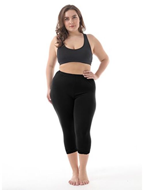 ZERDOCEAN Women's Plus Size Modal Capri Leggings Hem Lace Trim