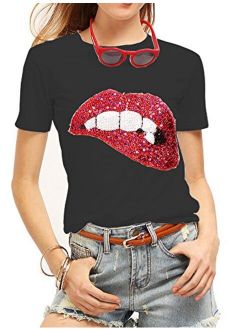 Women's Sequined Sparkely Glittery Lip Print T Shirt Cute Embroidery Teen Girls Tops