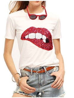 Women's Sequined Sparkely Glittery Lip Print T Shirt Cute Embroidery Teen Girls Tops