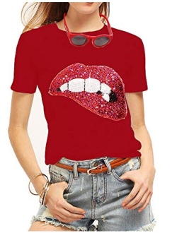 Women's Sequined Sparkely Glittery Lip Print T Shirt Cute Embroidery Teen Girls Tops