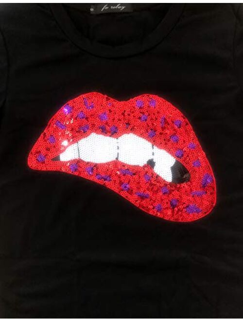 Women's Sequined Sparkely Glittery Lip Print T Shirt Cute Embroidery Teen Girls Tops