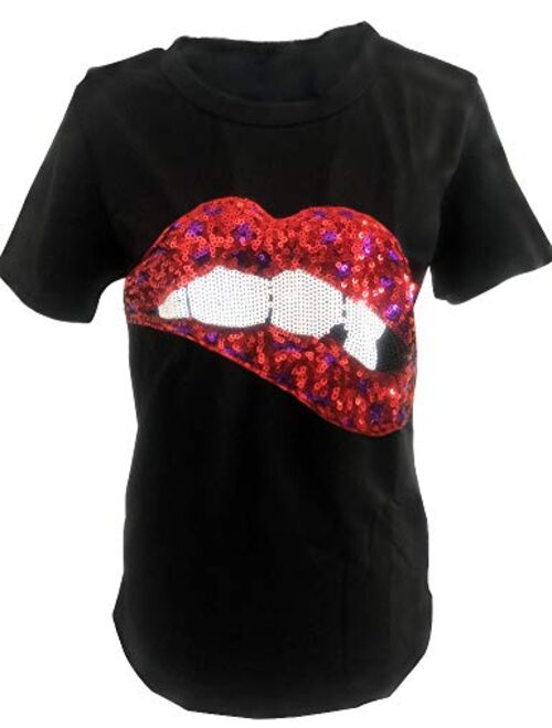 Women's Sequined Sparkely Glittery Lip Print T Shirt Cute Embroidery Teen Girls Tops