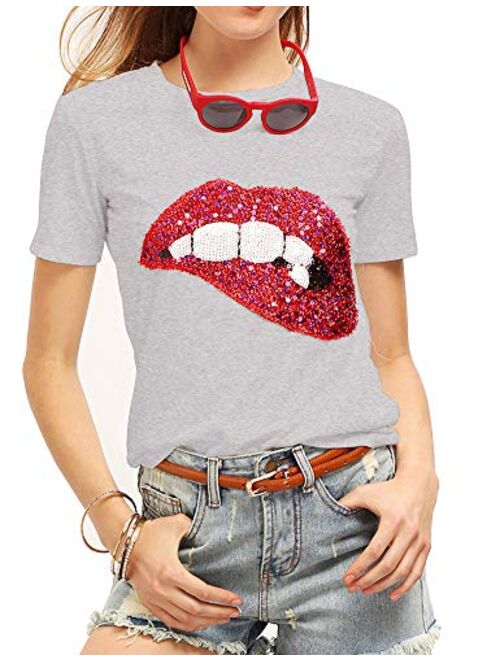 Women's Sequined Sparkely Glittery Lip Print T Shirt Cute Embroidery Teen Girls Tops