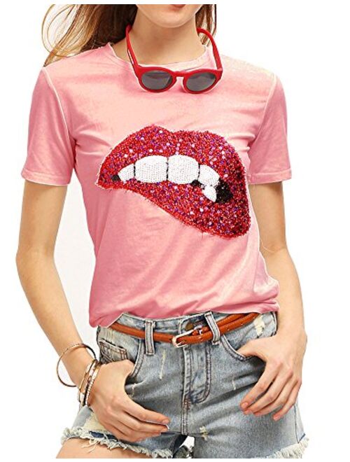 Women's Sequined Sparkely Glittery Lip Print T Shirt Cute Embroidery Teen Girls Tops