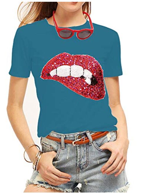 Women's Sequined Sparkely Glittery Lip Print T Shirt Cute Embroidery Teen Girls Tops