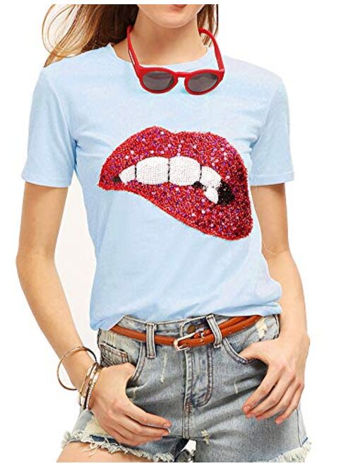 Women's Sequined Sparkely Glittery Lip Print T Shirt Cute Embroidery Teen Girls Tops