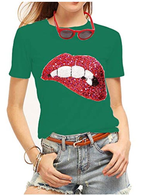 Women's Sequined Sparkely Glittery Lip Print T Shirt Cute Embroidery Teen Girls Tops