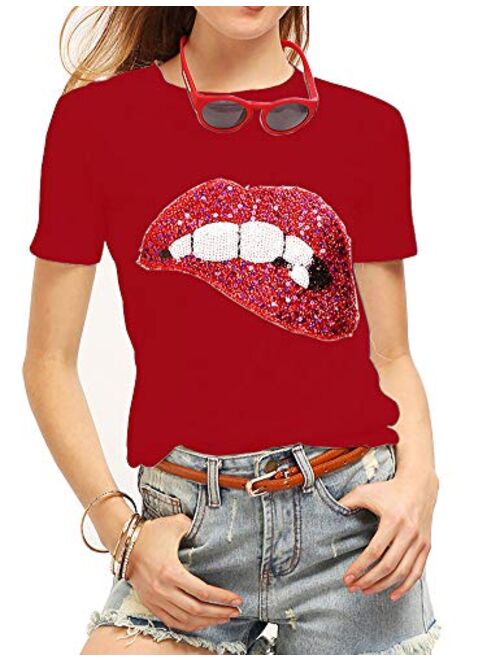 Women's Sequined Sparkely Glittery Lip Print T Shirt Cute Embroidery Teen Girls Tops