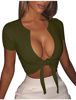 BORIFLORS Women's Sexy Tie Up Crop Top Short Sleeve Deep V Neck Casual Basic T Shirt