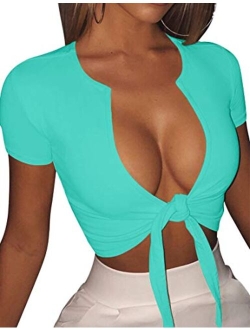 BORIFLORS Women's Sexy Tie Up Crop Top Short Sleeve Deep V Neck Casual Basic T Shirt