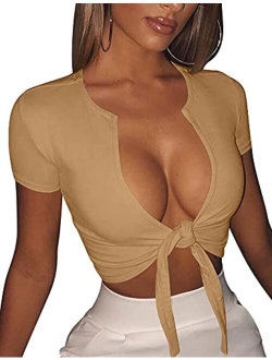 BORIFLORS Women's Sexy Tie Up Crop Top Short Sleeve Deep V Neck Casual Basic T Shirt