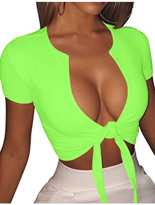 BORIFLORS Women's Sexy Tie Up Crop Top Short Sleeve Deep V Neck Casual Basic T Shirt