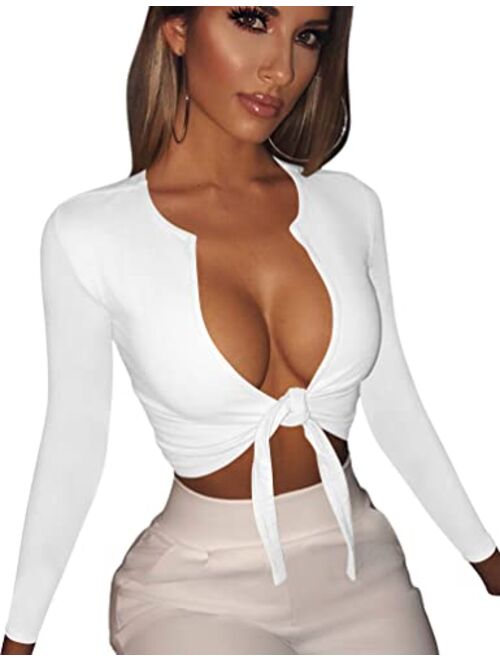 BORIFLORS Women's Sexy Tie Up Crop Top Short Sleeve Deep V Neck Casual Basic T Shirt