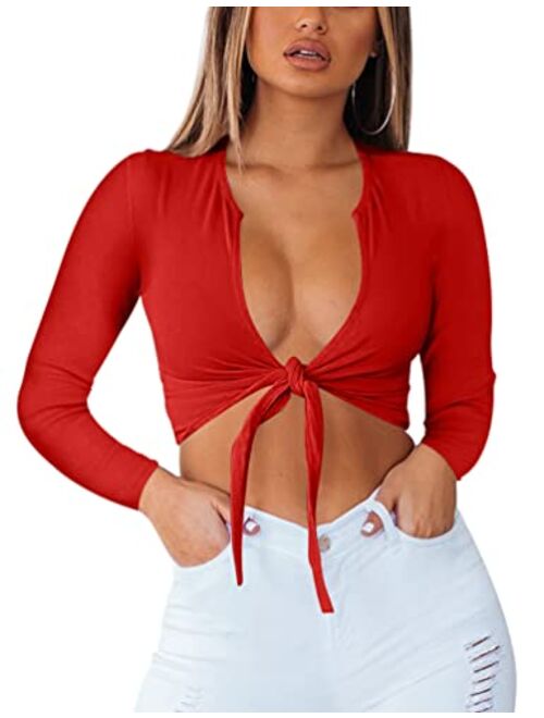 BORIFLORS Women's Sexy Tie Up Crop Top Short Sleeve Deep V Neck Casual Basic T Shirt